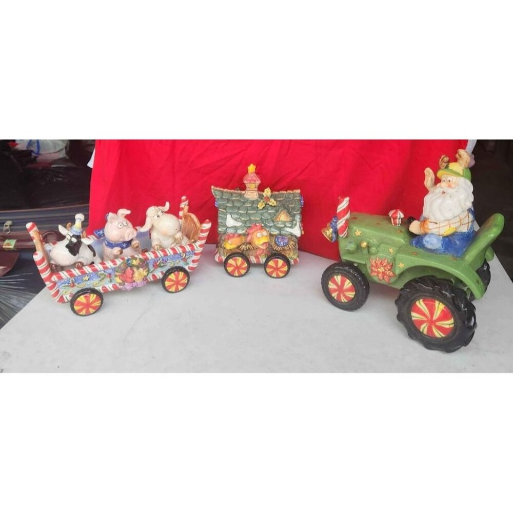 Santa Claus Tractor Train Christmas farmer Chicken Coop Candy Dish Decor